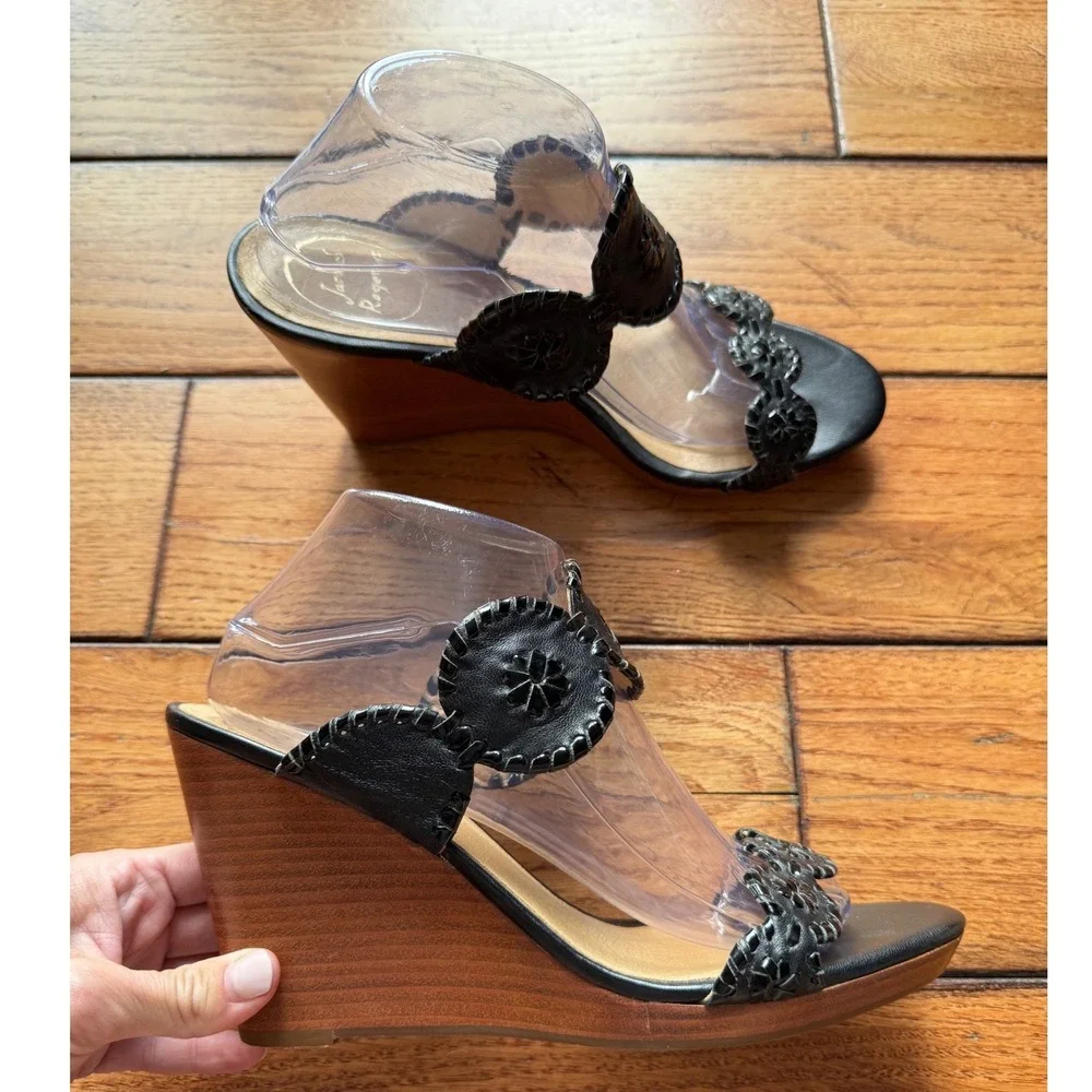 Jack Rogers Wedge Sandal Women 10 Black Preppy Whipstitch Rondelle Leather Shoes